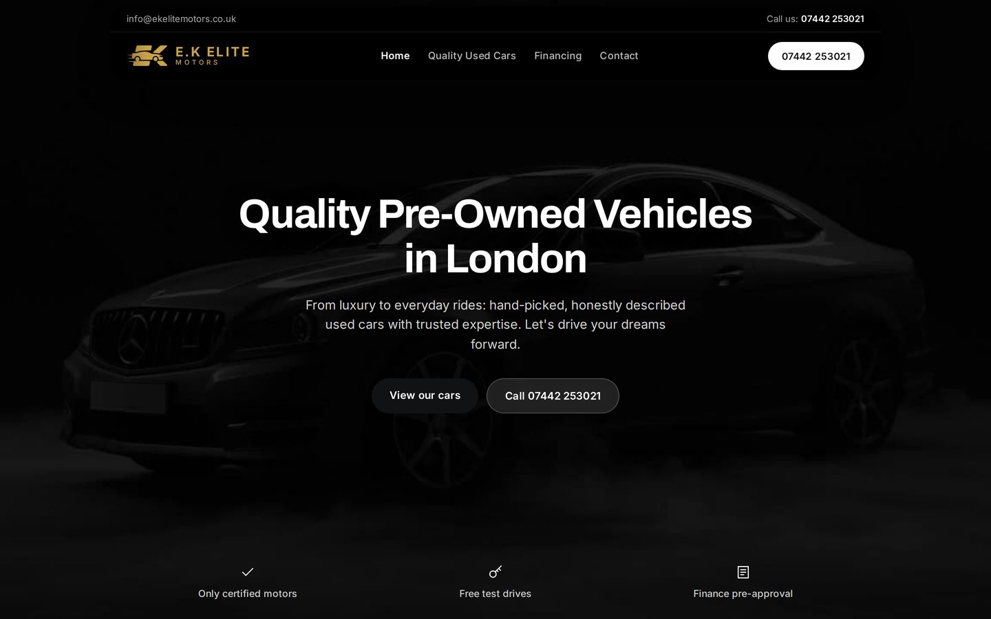 E.K Elite Motors home page, full-bleed showroom film behind the headline