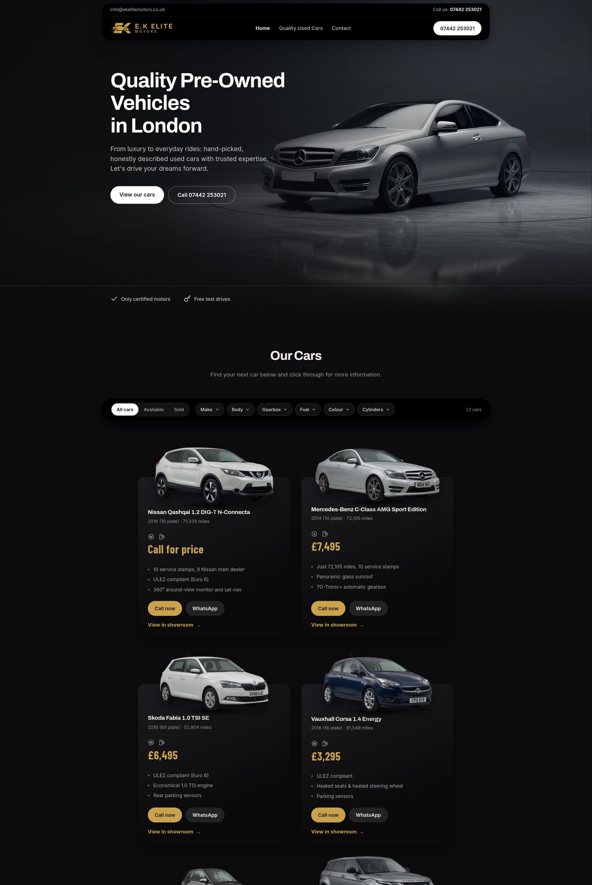 The E.K Elite Motors home page, scrolling from the film hero down to the cars for sale