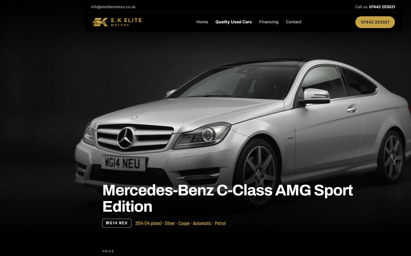 The E.K Elite Motors showroom page for a 2014 Mercedes-Benz C-Class, film filling the screen behind the car's title and plate
