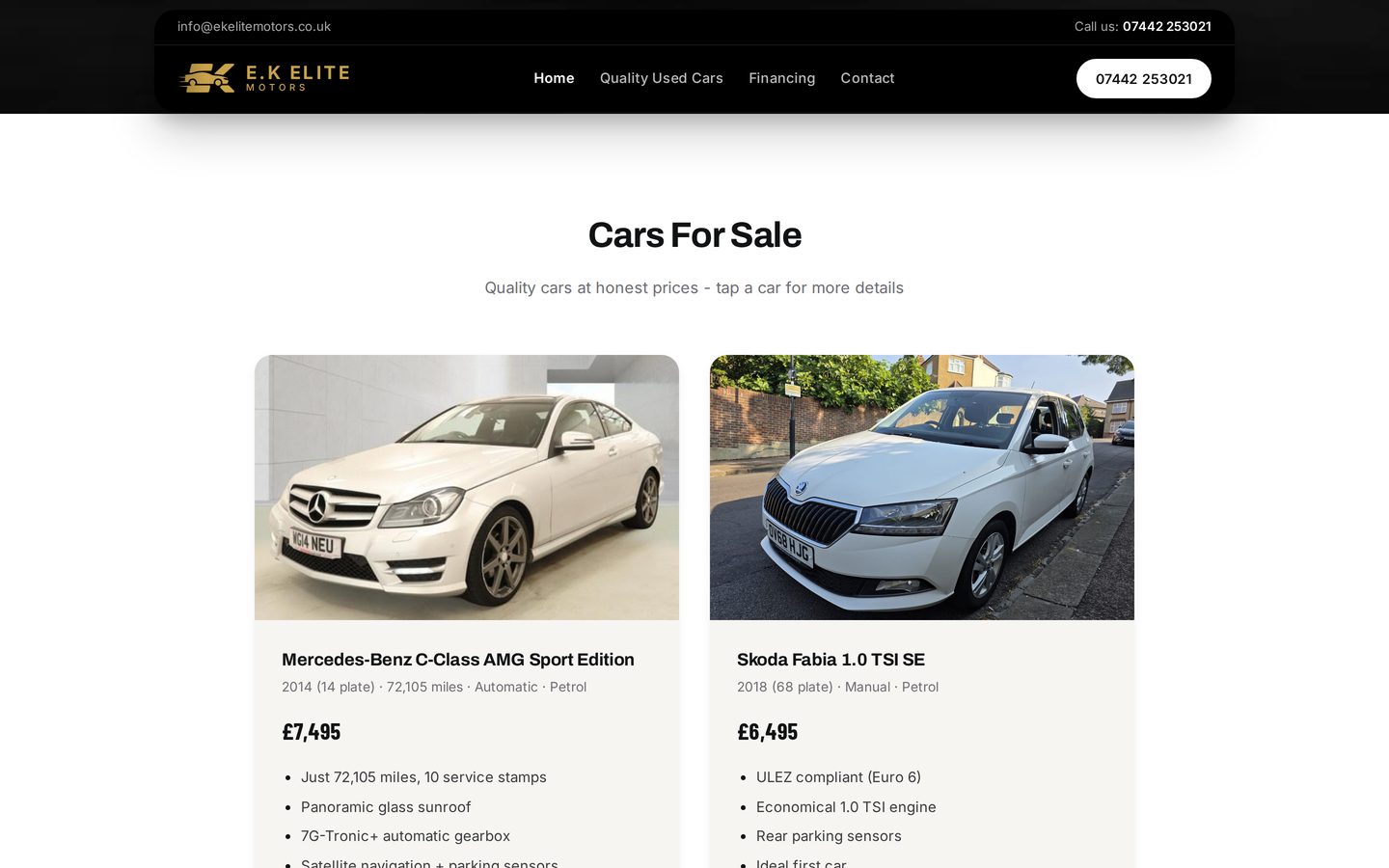 E.K Elite Motors stock grid showing cars for sale with prices and specifications