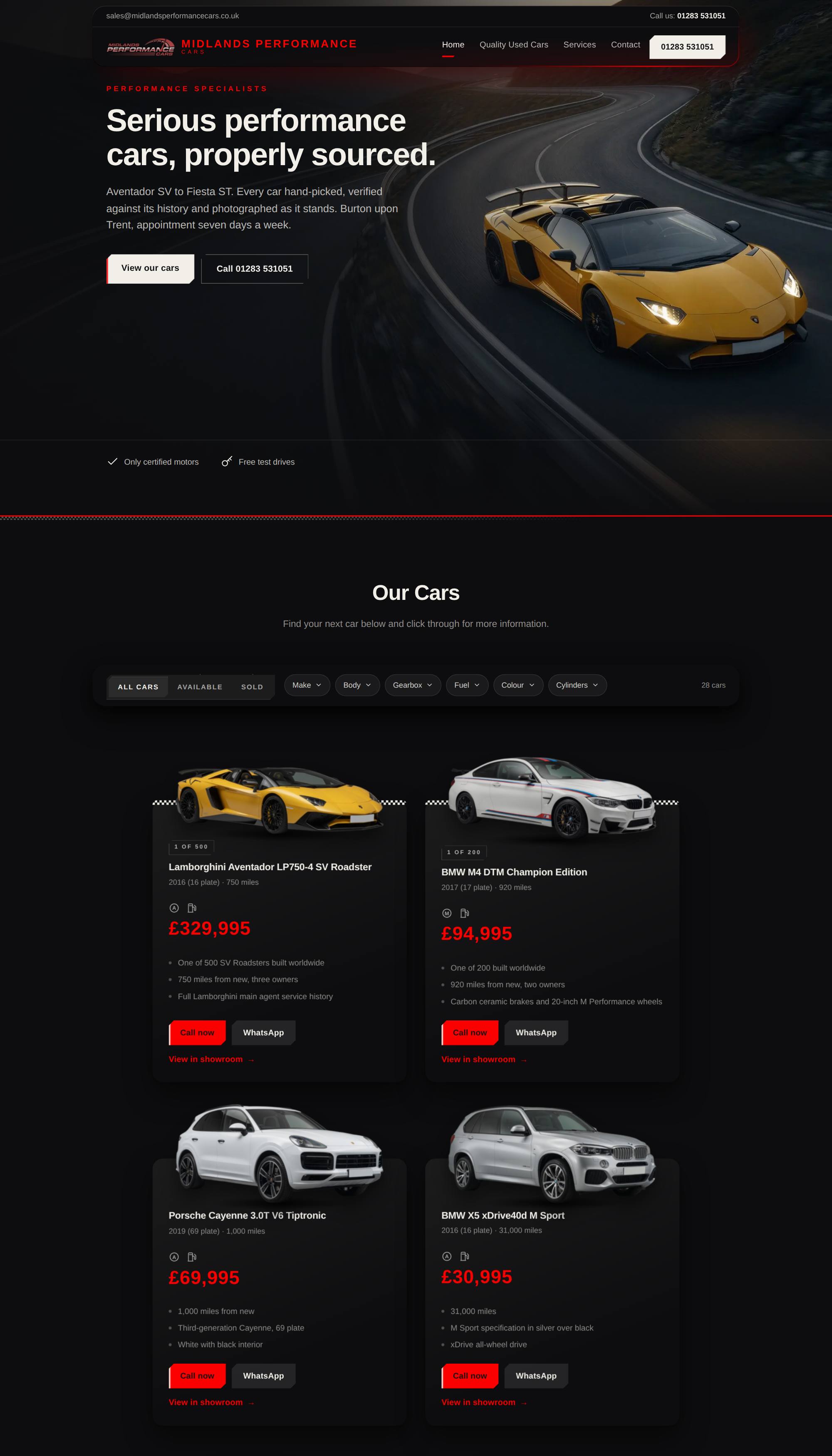 A concept dealer site, scrolling from its film hero down to the cars for sale